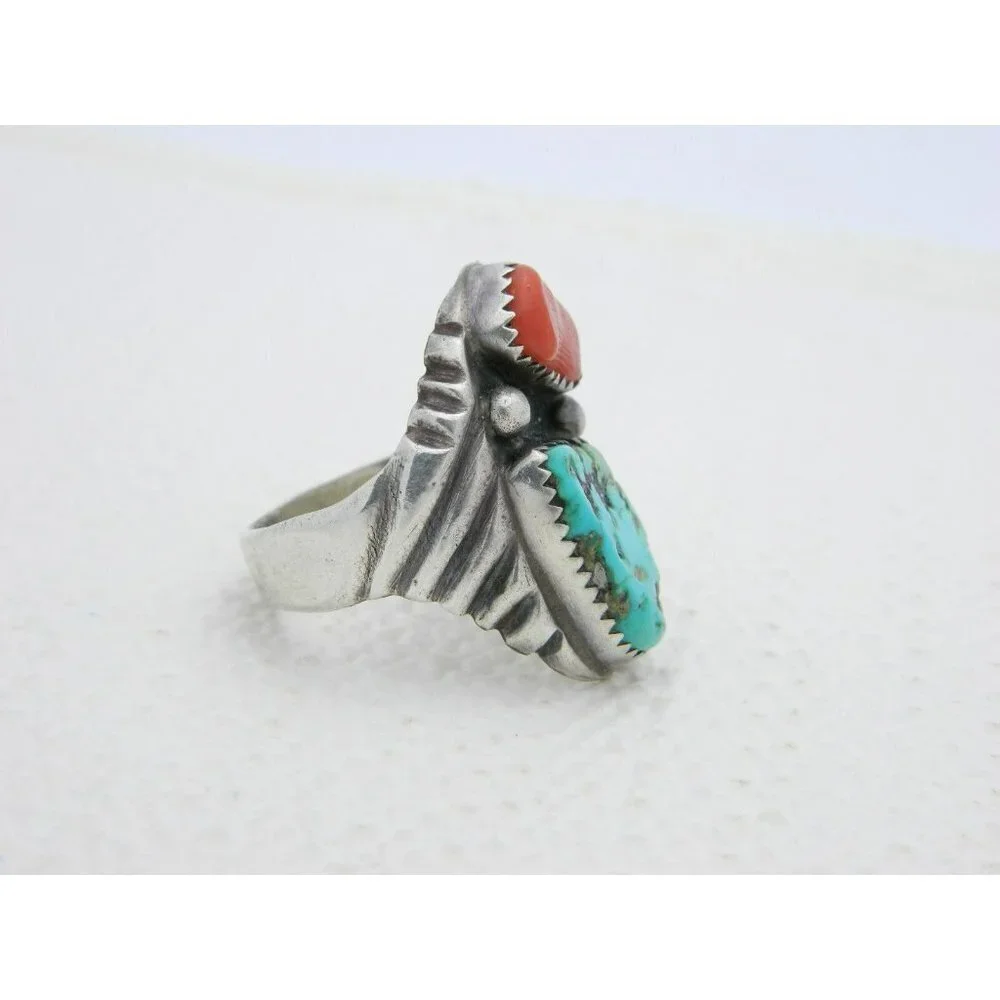 Navajo R Signed Designer Sterling Silver Heavy Coral Turquoise Ring 15g Size 9.5 - Picture 2 of 6